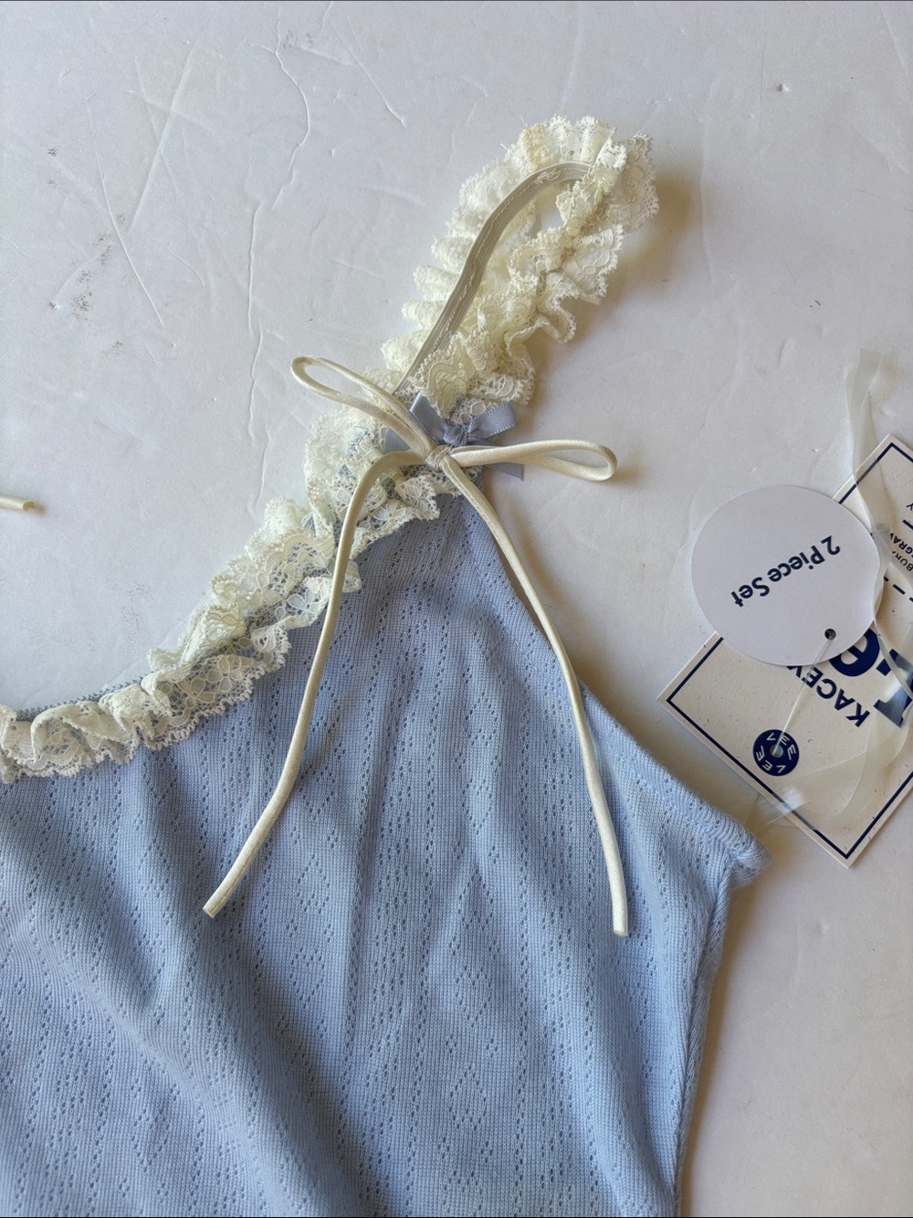 New Kacey Lee Cami Boy Short Coquette Sleepwear Blue Lace Medium Lounge Bow Cute - Picture 9 of 17